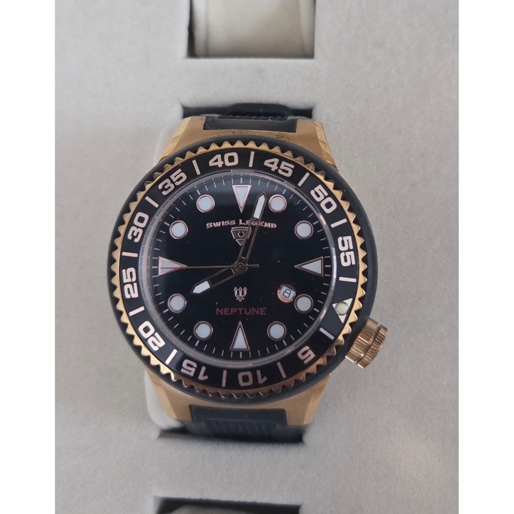 Swiss Legend Neptune 52mm Men's Watch Black Yellow Gold Silicone WORKING